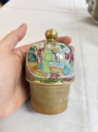 A Chinese Canton famille rose covered bottle vase and a teapot, 19th C.