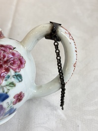 Eight Chinese famille rose plates with floral design and a 'Rooster' teapot, Yongzheng/Qianlong