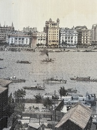 A Chinese woven silk panel depicting a view of The Bund and the Huangpu River, Shanghai Hangzhou Qiwen Silk Weaving Factory, 1950-1957