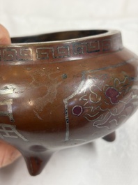 A Chinese or Vietnamese silver-inlaid bronze 'Fu Lu Shou' tripod censer,  Xuande mark, 19th C.