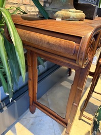 A Chinese burlwood-topped hardwood console table, 19th C.