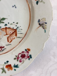 Eight Chinese famille rose plates with floral design and a 'Rooster' teapot, Yongzheng/Qianlong