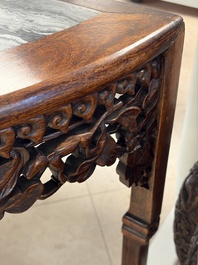 A fine Chinese marble-topped hongmu demi-lune console table, 19th C.