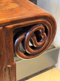 A Chinese burlwood-topped hardwood console table, 19th C.