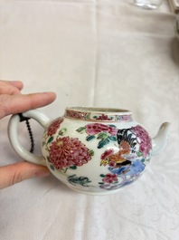 Eight Chinese famille rose plates with floral design and a 'Rooster' teapot, Yongzheng/Qianlong