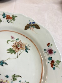Eight Chinese famille rose plates with floral design and a 'Rooster' teapot, Yongzheng/Qianlong