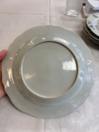 Eight Chinese famille rose plates with floral design and a 'Rooster' teapot, Yongzheng/Qianlong