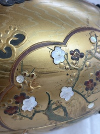 A Japanese Shibayama lacquer taiko drum-shaped casket on its original stand, Taisho, 19/20th C.
