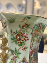 A Chinese famille rose celadon-ground hexagonal vase and a famille rose stem bowl, 19th C.