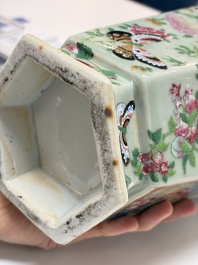 A Chinese famille rose celadon-ground hexagonal vase and a famille rose stem bowl, 19th C.
