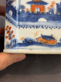 17 Chinese blue, white and famille rose plates and an Imari-style tea caddy, Kangxi/Qianlong