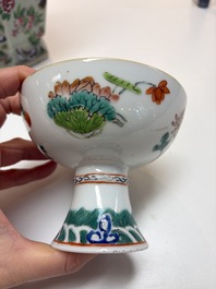 A Chinese famille rose celadon-ground hexagonal vase and a famille rose stem bowl, 19th C.