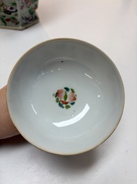A Chinese famille rose celadon-ground hexagonal vase and a famille rose stem bowl, 19th C.