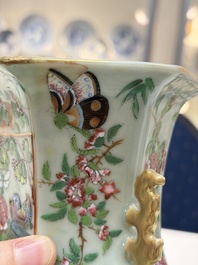 A Chinese famille rose celadon-ground hexagonal vase and a famille rose stem bowl, 19th C.