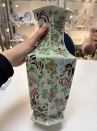 A Chinese famille rose celadon-ground hexagonal vase and a famille rose stem bowl, 19th C.