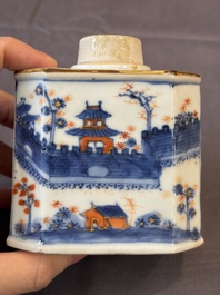 17 Chinese blue, white and famille rose plates and an Imari-style tea caddy, Kangxi/Qianlong