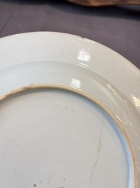 17 Chinese blue, white and famille rose plates and an Imari-style tea caddy, Kangxi/Qianlong
