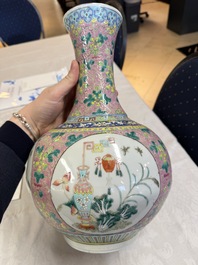A pair of Chinese famille rose pink-ground 'Ping An Bai Sui 平安百歲' bottle vases, 19th C.