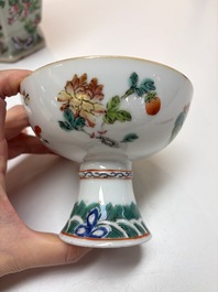 A Chinese famille rose celadon-ground hexagonal vase and a famille rose stem bowl, 19th C.
