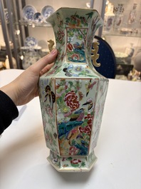 A Chinese famille rose celadon-ground hexagonal vase and a famille rose stem bowl, 19th C.