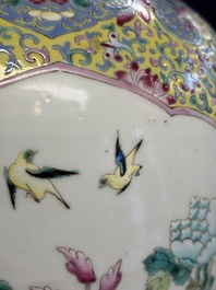 A Chinese famille rose vase and cover with birds among flowering branches, 19th C.
