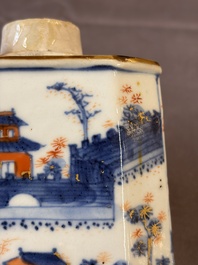 17 Chinese blue, white and famille rose plates and an Imari-style tea caddy, Kangxi/Qianlong