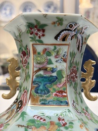 A Chinese famille rose celadon-ground hexagonal vase and a famille rose stem bowl, 19th C.