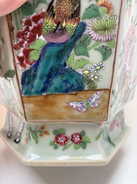 A Chinese famille rose celadon-ground hexagonal vase and a famille rose stem bowl, 19th C.