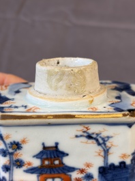 17 Chinese blue, white and famille rose plates and an Imari-style tea caddy, Kangxi/Qianlong