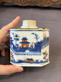 17 Chinese blue, white and famille rose plates and an Imari-style tea caddy, Kangxi/Qianlong