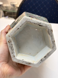 A Chinese famille rose celadon-ground hexagonal vase and a famille rose stem bowl, 19th C.