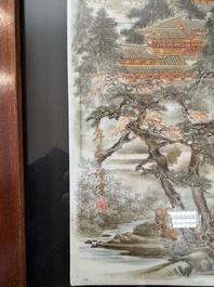 A Japanese gilt polychrome-decorated 'Mountainous landscape' porcelain plaque, Nikkozan 日光山 mark, Meiji, 19th C.