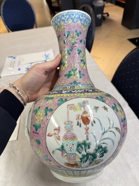 A pair of Chinese famille rose pink-ground 'Ping An Bai Sui 平安百歲' bottle vases, 19th C.