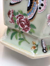 A Chinese famille rose celadon-ground hexagonal vase and a famille rose stem bowl, 19th C.