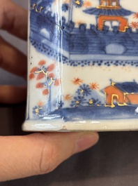 17 Chinese blue, white and famille rose plates and an Imari-style tea caddy, Kangxi/Qianlong