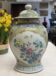 A Chinese famille rose vase and cover with birds among flowering branches, 19th C.