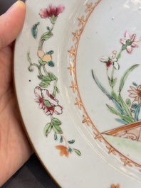 17 Chinese blue, white and famille rose plates and an Imari-style tea caddy, Kangxi/Qianlong