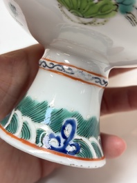 A Chinese famille rose celadon-ground hexagonal vase and a famille rose stem bowl, 19th C.