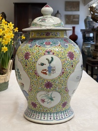 A Chinese famille rose vase and cover with birds among flowering branches, 19th C.