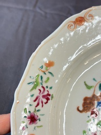 17 Chinese blue, white and famille rose plates and an Imari-style tea caddy, Kangxi/Qianlong