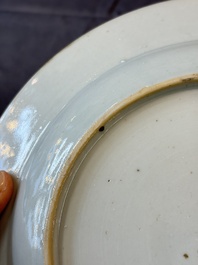 17 Chinese blue, white and famille rose plates and an Imari-style tea caddy, Kangxi/Qianlong