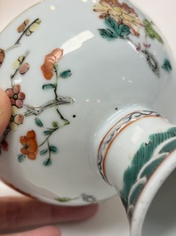 A Chinese famille rose celadon-ground hexagonal vase and a famille rose stem bowl, 19th C.