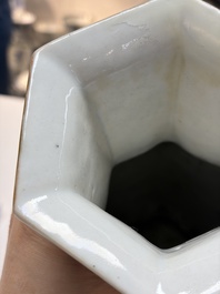 A Chinese famille rose celadon-ground hexagonal vase and a famille rose stem bowl, 19th C.