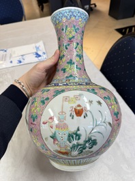 A pair of Chinese famille rose pink-ground 'Ping An Bai Sui 平安百歲' bottle vases, 19th C.