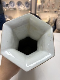 A Chinese famille rose celadon-ground hexagonal vase and a famille rose stem bowl, 19th C.