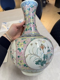 A pair of Chinese famille rose pink-ground 'Ping An Bai Sui 平安百歲' bottle vases, 19th C.