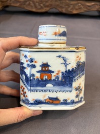 17 Chinese blue, white and famille rose plates and an Imari-style tea caddy, Kangxi/Qianlong
