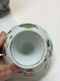 A Chinese famille rose celadon-ground hexagonal vase and a famille rose stem bowl, 19th C.