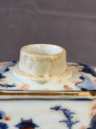 17 Chinese blue, white and famille rose plates and an Imari-style tea caddy, Kangxi/Qianlong
