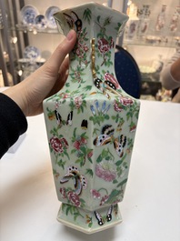A Chinese famille rose celadon-ground hexagonal vase and a famille rose stem bowl, 19th C.